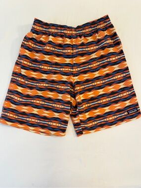 Patagonia Boys Orange and Navy Wave-Pattern Swim Shorts Size Large